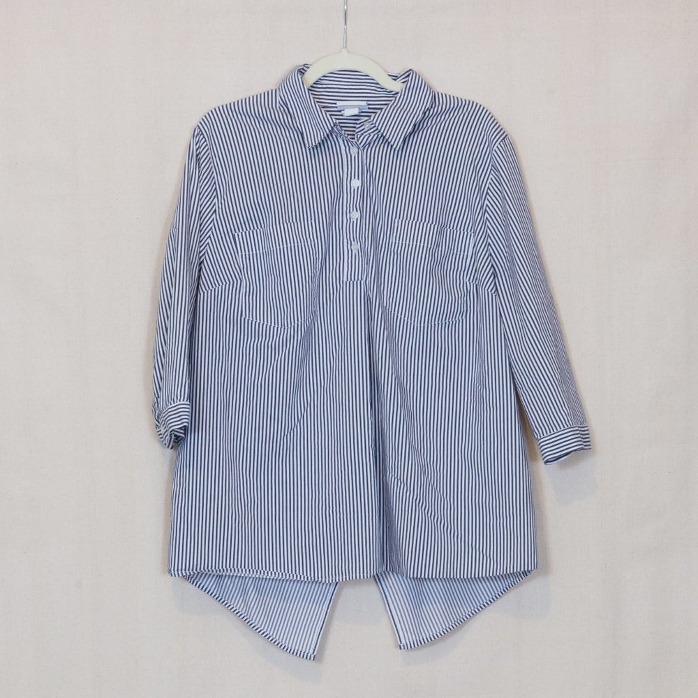 Striped half button up blouse with split back, 3/4 length sleeve